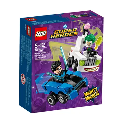 The image shows the front of a LEGO Super Heroes Mighty Micros: Nightwing vs. The Joker playset box. The box features illustrations of the LEGO characters and their vehicles.