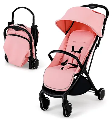 Produktbild von Klappbarer Kinderwagen, Reisebuggy mit Liegefunktion, tragbarer Kinderbuggy mit verstellbarer Rückenlehne, Verdeck & Fußstütze, Babywagen mit Sicherheitsgurt bis 15 kg belastbar (Pink)