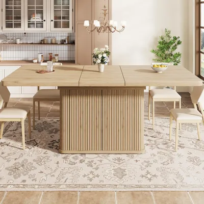 Obrázek produktu pro Okwish jídelní stůl s výsuvnou deskou, kuchyňský stůl se skrytým úložným prostorem, s vertikální reliéfní strukturou, multifunkční stůl, přírodní design