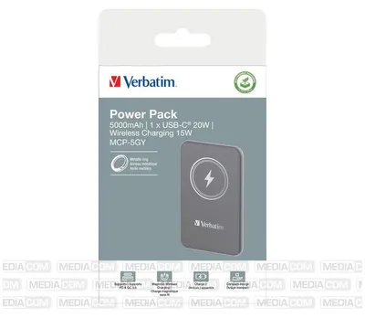 Produktbild von Verbatim Charge 'n' Go, 5000 mAh, Lithium Polymer (LiPo), Quick Charge 3.0, Kabelloses Aufladen, Grau