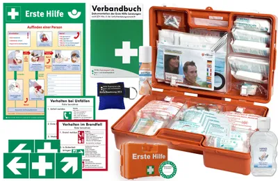 Produktbild von Erste-Hilfe Koffer M5 PLUS DIN 13157 + Notfallbeatmung, Sprühpflaster & Hygiene-Gel + Aushang & Aufkleber