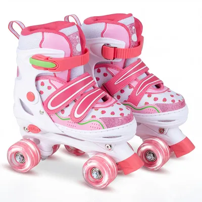 Produktbild von COSTWAY Rollschuhe Kinder, Roller Skates mit 4 Größen Verstellbar&LED Rädern, Erdbeere Quad Skates für draußen, Kinderrollschuhe für Kinder 7-9, Rosa