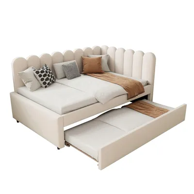Produktbild von L-förmiges Polsterbett,Schlafsofa(Weiss,140x200cm)mit geblümter Rückenlehne und Ausziehbett in Samtstoff