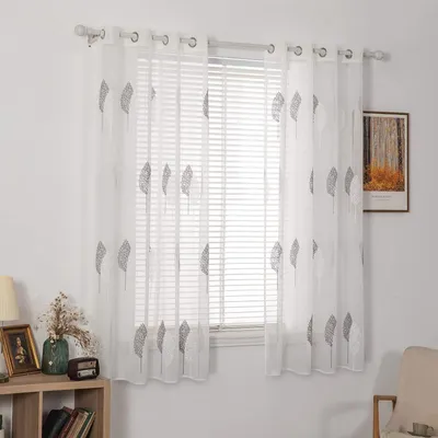 Immagine prodotto di Tenda con occhielli - Ricamo a foglie - Trasparente - 160 x 140 cm - Set di 2 - Per soggiorno e camera da letto
