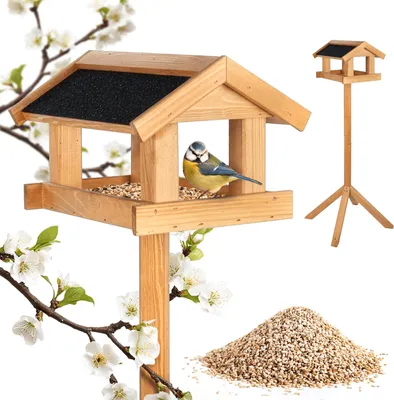 Produktbild von PATKAR Vogelhaus Futterhaus für Vögel mit Ständer aus Kieferholz - Vogelfutterstation Vogelfutterhaus für Singvögel Wildvögel Vogel Futterstation + 500g Futter Gratis