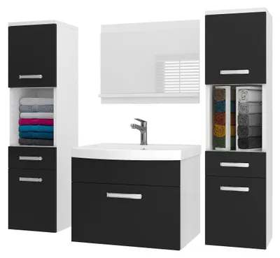 Immagine prodotto di Set di mobili da bagno BELINI PRI M6, 120 cm, nero opaco - Mobile bagno moderno con lavabo e specchio, completo di tutti gli accessori, da montare a parete