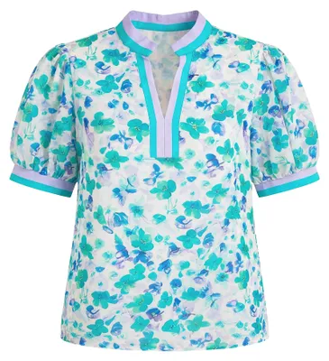 Produktbild von Damen Bluse grün mit V-Ausschnitt, kurzen Puffärmeln und Blumendruck, Größe M