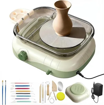 Imagen del producto de Máquina de torno de cerámica eléctrica, mini set de estudio de cerámica con plato giratorio de 17,5 cm y pedal de pie para niños y principiantes, con rotación bidireccional