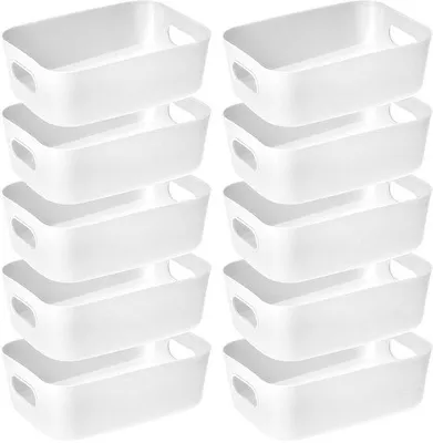 Zdjęcie produktu dla Zestaw 10 białych, składanych pojemników do przechowywania z uchwytami – wykonane z tworzywa PP, wymiary 20,5 x 14 x 7 cm, oszczędzają miejsce, idealne do domu i biura
