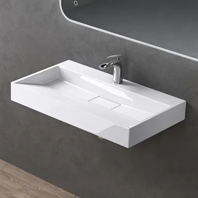 Produktbild von doporro Waschbecken Aufsatzwaschbecken Mineralguss Hängewaschbecken Waschtisch weiß 90x46x11cm mit Armaturloch inkl. Ablaufgarnitur Colossum19