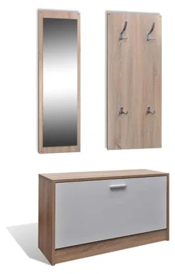Produktbild von Garderoben Set Flur 3-in-1 Eiche Schuhschrank mit Spiegel und Garderobenpaneel