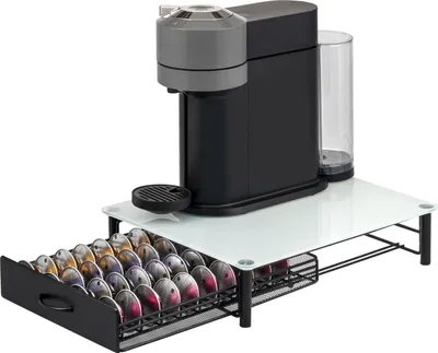 Produktbild von eluno Kapselhalter für 40x Nespresso Vertuo, Schubladenbox, Glas-Maschinenständer Metall und Glasplatte, Kaffeekapselbox, Kapselspender ca. 33,5 x 9 x 41 cm (B/H/T), Glas weiß