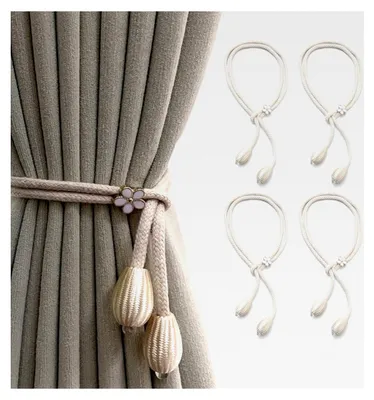 Produktbild von 4 Stück Beige Vorhangraffhalter für Gardinen, Verstellbare Gardinenbänder, Gardinenhalter für Wand, Boho Vorhanghalter, Vorhangklammern für Kinderzimmer, Büro und Schlafzimmer, 100 cm