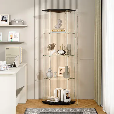 Produktbild von ProximaX Moderner Fünf-Eck Schrank mit Einzeltür & 4 Ebenen, LED-Beleuchtung, Schwarzer Sockel, Platzsparende Eckschränke für Wohnzimmer oder Flur