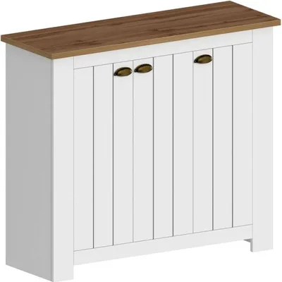 Produktbild von Schuhregal Dcigarin, platzsparendes Schuhregal mit 3 Türen, multifunktionale Eingangsgarderobe, 114x42h100 cm, Weiß und Eiche