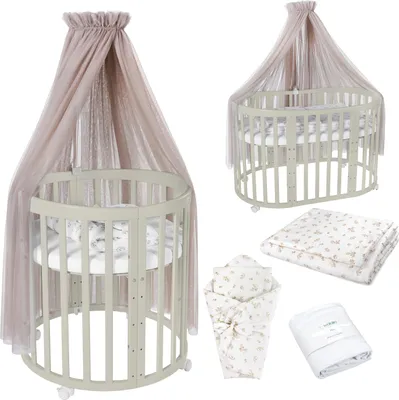 Produktbild von Waldin Babybett OWAL Kinderbett 7in1 mit Matratze, mitwachsendes Kinder-Bett,Stoffe Taupe Zweige,Holz olive