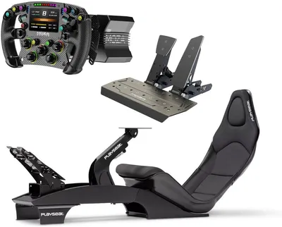 A racing simulator setup including a steering wheel, pedals, and cockpit.