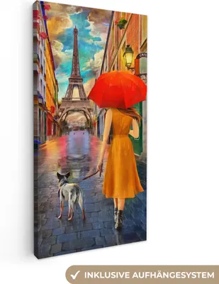 Produktbild von MuchoWow® - Leinwandbilder - Gemälde - Ölfarbe - Frau - Hund - Paris, Wandbild, Wanddeko Bilder Wohnzimmer, 40x80 cm