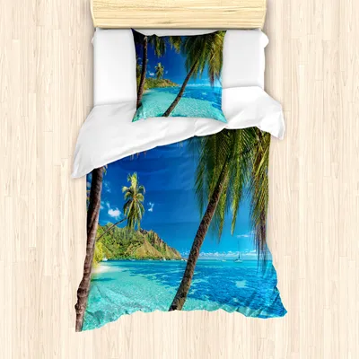 Produktbild von ABAKUHAUS Ozean Mantele, Palmen, Meer, Strand, Milbensicher Allergiker geeignet mit Kissenbezügen, 135 cm x 200 cm - 80 x 80 cm, Türkisblau