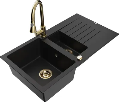 Produktbild von Mexen Matias 1,5-Becken-Granitspüle mit Abtropffläche und Mischbatterie Elia, Schwarz - 6502-77-670101-50