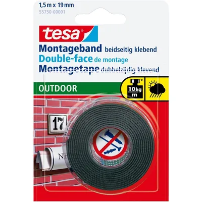 Produktbild von TESA Powerbond OUTDOOR, Montageband, Schwarz, 1,5 m, Draußen, Mauerziegel, Metall, Kunststoff, Stein, 0,1 kg/cm