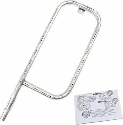 A replacement burner tube for a gas grill, shown on a white background with an instruction manual.