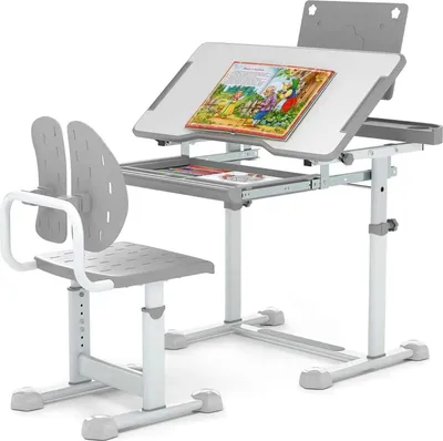 Image de Bureau pour enfant avec chaise - Ensemble réglable en hauteur - Plateau inclinable - Tiroir - Porte-livres - Gris