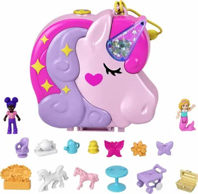 Produktbild von Mattel Einhorn Schatulle Spielset, tragbar, Kunststoff, Mehrfarbig, 50x123x124mm, Glitzerndes Einhorn-Horn, 2 Mikropuppen, Teeparty-Set (17 Teile), Plop- & Swap-Stift, Öffnender Pferdestall