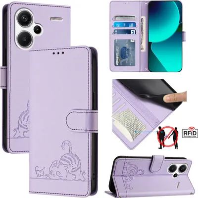 Produktbild von Leder Hülle für Xiaomi Redmi Note 13 Pro+ Süße Katze Flip Case Brieftasche Schutzhülle mit Standfunktion Lila
