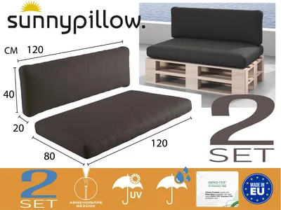 Produktbild von sunnypillow Palettenkissen Outdoor, wasserdicht, UV-lichtecht - 2er Set - Palettenauflage für Palettensofa für Haus, Garten - Palettenpolster für Palettenmöbel - Rückenkissen & Sitzkissen Anthrazit