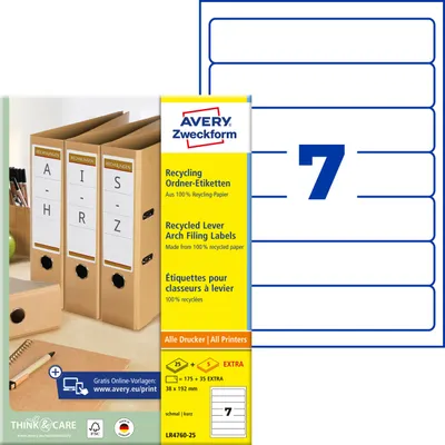 Produktbild von Avery Zweckform LR4760-25, Recycling Ordner-Etiketten, A4, 38 x 192 mm, 210 Etiketten / 30 Bögen, naturweiß