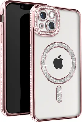 A rose gold iPhone 13 case with diamond accents and MagSafe compatibility is shown against a white background.