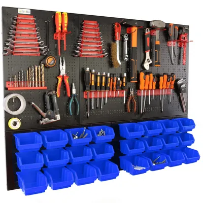 Image de Panneau mural d'atelier - Tableau d'outils avec 24 compartiments - Pliable - Métal - 120 x 90 cm - Poignées bleues