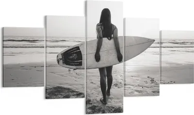 Produktbild von Bild auf Leinwand - Leinwandbild - 5 Teile - Frau Strand Surfen - 125x70cm - Wand Bild - Wanddeko - Wandbilder - Leinwanddruck - Bilder - Wanddekoration - Leinwand bilder - Wandbild - EA125x70-5036