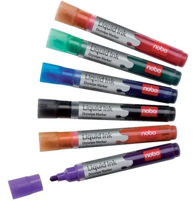 Produktbild von Nobo Liquid Ink Boardmarker sort (6), 6 Stück(e), Schwarz, Blau, Grün, Orange, Violett, Rot, Rundspitze, Mehrfarbig, 3 mm, 140 g