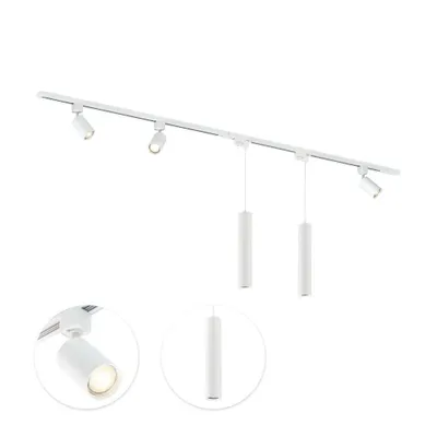 Produktbild von Qub Focus III - LED Schienensystem Komplettset - Weiß - 1-Phasen - 300cm - 3x Spots & 2x Pendelleuchten - I-Form