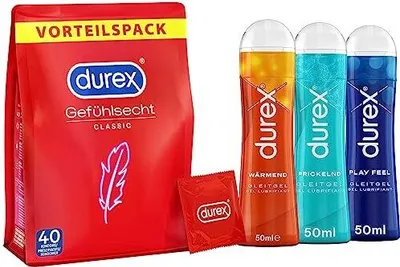 Produktbild von Durex Gefühlsecht - Set mit Durex Gefühlsecht Classic Kondome - Hauchzart für intensives Empfinden - Großpackung 1 x 40 St & Durex Play Gleitgel Ausprobierpaket für Sie und Ihn mit Play Feel Wärmend & Prickelnd 3er Pack (3 x 50ml)