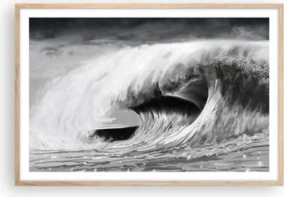 Produktbild von Gerahmtes Poster - Rahmen in heller Eiche - Welle Zeichnung Schwarzweiß - 91,5x61 cm - Wand Bild - Wanddeko - Wandbilder - Wandposter - Bilderrahmen - Bilder - Kunstdruck - Wandbild - P2NAA91x61-4264