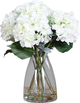 Produktbild von aplanta Künstlicher Hortensienstrauß - Jamis | 40 cm in Glasvase mit künstl. Wasser, inkl. Vase, für drinnen, Kunstblume, wie echt, Allergiker geeignet, pflanzliche Dekoration Praxis, Office & Wohnzimmer