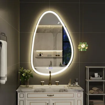 Produktbild von Koonmi LED Wolkenspiegel 60 x 90 cm, dimmbar, Antibeschlag, Asymmetrischer Lichtspiegel mit Memory Funktion für Badezimmer, modernes Wolkendesign
