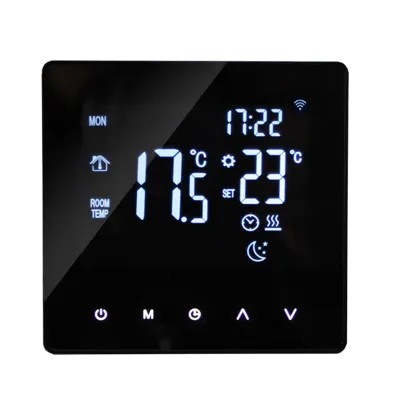 A digital thermostat display showing the time, room temperature, and set temperature.
