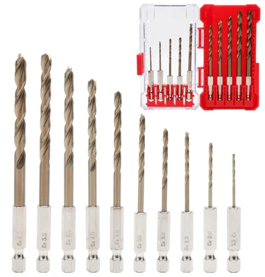 Obrázek produktu pro Sada 10 spirálových vrtáků HSS M35 s šestihrannou stopkou, průměry od 1,5 do 6,0 mm