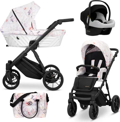 Produktbild von Kinderwagen IVENTO Sportwagen Babywagen Babyschale Komplettset Kinder Wagen Autositz Set 3 in 1 (Delicate Flowers, Rahmenfarbe: Schwarz)