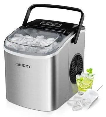 Produktbild von EUHOMY Eiswürfelmaschine Klein, 9 Eiswürfel in 6 Minuten, 12 kg/24H, Edelstahl mit Tragbarem Griff, Selbstreinigender Kompakter Eiswürfelmaschinen für Zuhause/Küche/Büro/Bar