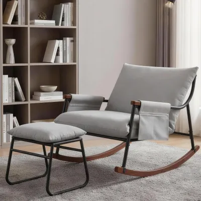 Image de Fauteuil à bascule avec repose-pieds, poche latérale, accoudoirs, structure en bois, pour salon, chambre, chambre bébé, tissu technique, gris clair
