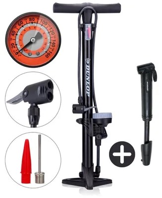 Produktbild von Dunlop Fahrradpumpe mit Manometer und Mini Fahrradpumpe Set - Standpumpe 180 PSI mit Adapter - Kompakte Handpumpe für Unterwegs - Für Presta Dunlop Schrader - Schwarz