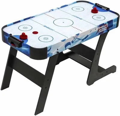 A table-top air hockey game with a hockey rink design on the playing surface and a blue, white, and black graphic design on the sides.