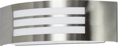 A modern outdoor wall light with a brushed metal finish and three illuminated strips.