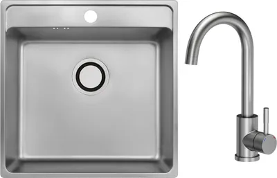 A stainless steel kitchen sink and faucet are shown against a white background.