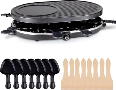 Obrázek produktu pro oválný raclette gril pro 8 osob - S grilovací deskou a funkcí crepes - Stolní gril včetně pánviček a škrabky